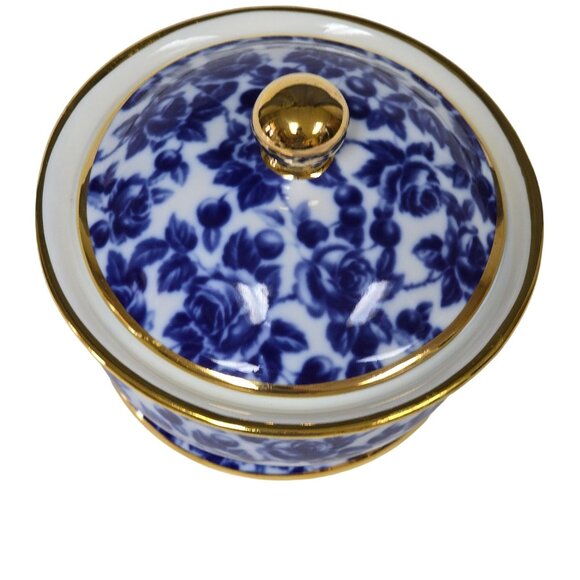 Vintage Royal Danube Calico Flow Cobalt Blue Roses Sugar Bowl Candy Dish w/ Lid - Picture 2 of 12